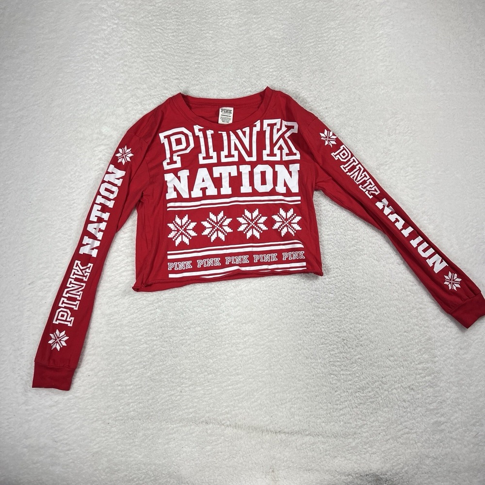Victoria's Secret PINK Christmas Red Snowflake Crop Top XS Long Sleeve Winter